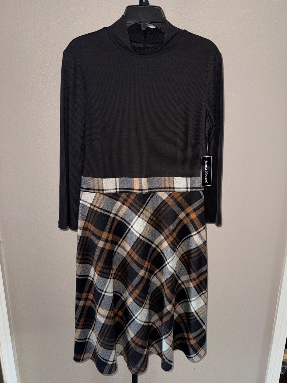 Jessica Howard Black & Brown Plaid Fit-and-Flare Dress size 14 NWT